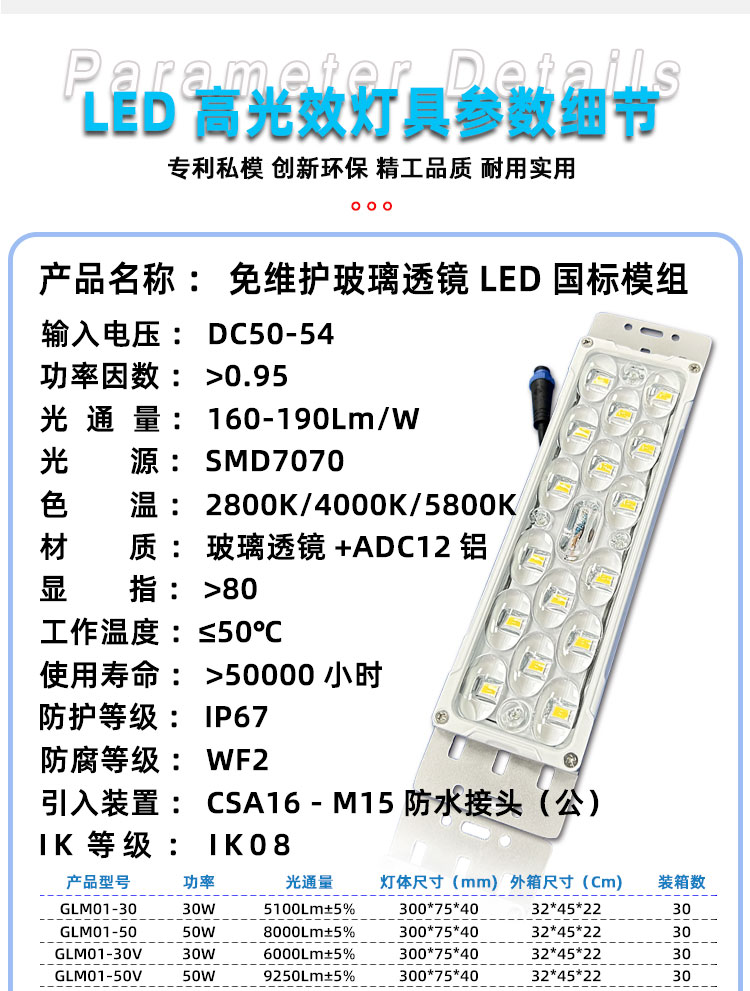 LED玻璃透镜模组光源投光灯50W模组高杆灯庭院灯隧道灯LED路灯模组EMC工程20